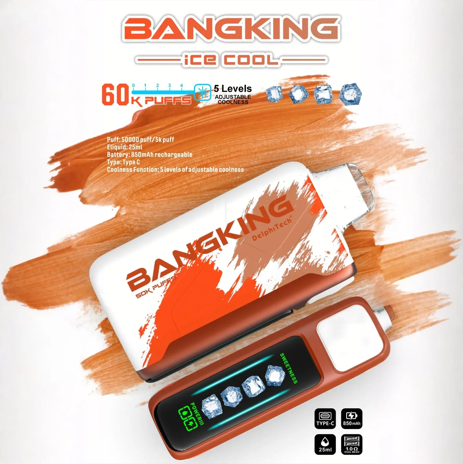 Bang King 60000 拋棄式電子煙|LED 螢幕顯示 × 五檔冰度調節|超長續航大容量・多款口味:圖片 4